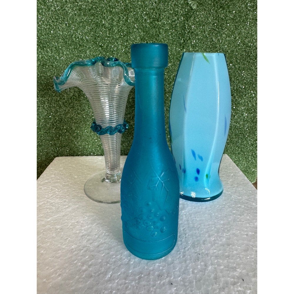 Vintage Blue Glass Vase Set Ruffled Trumpet Frosted Grape Bottle Art Glass 3pc
